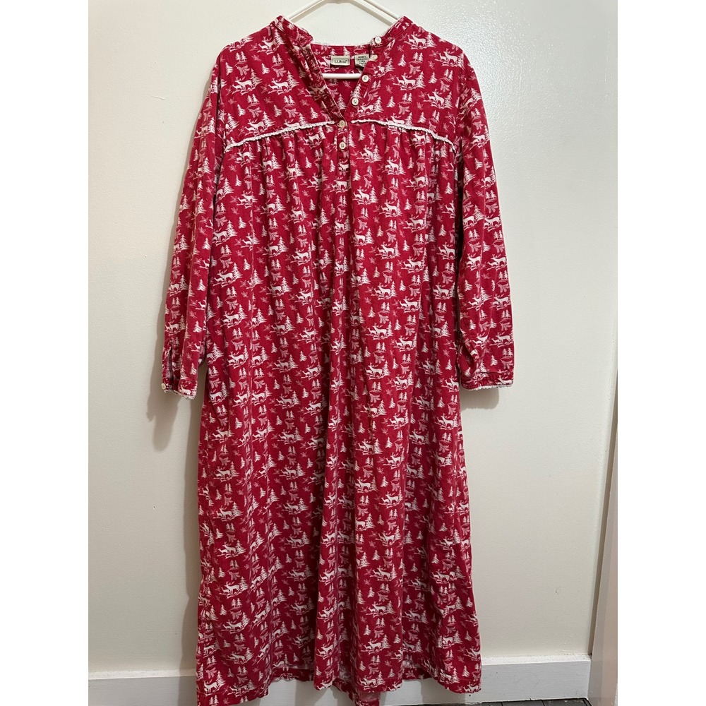 LL Bean Flannel Nightgown Red White Woodland Deer Print Cotton L-Reg 0PK45